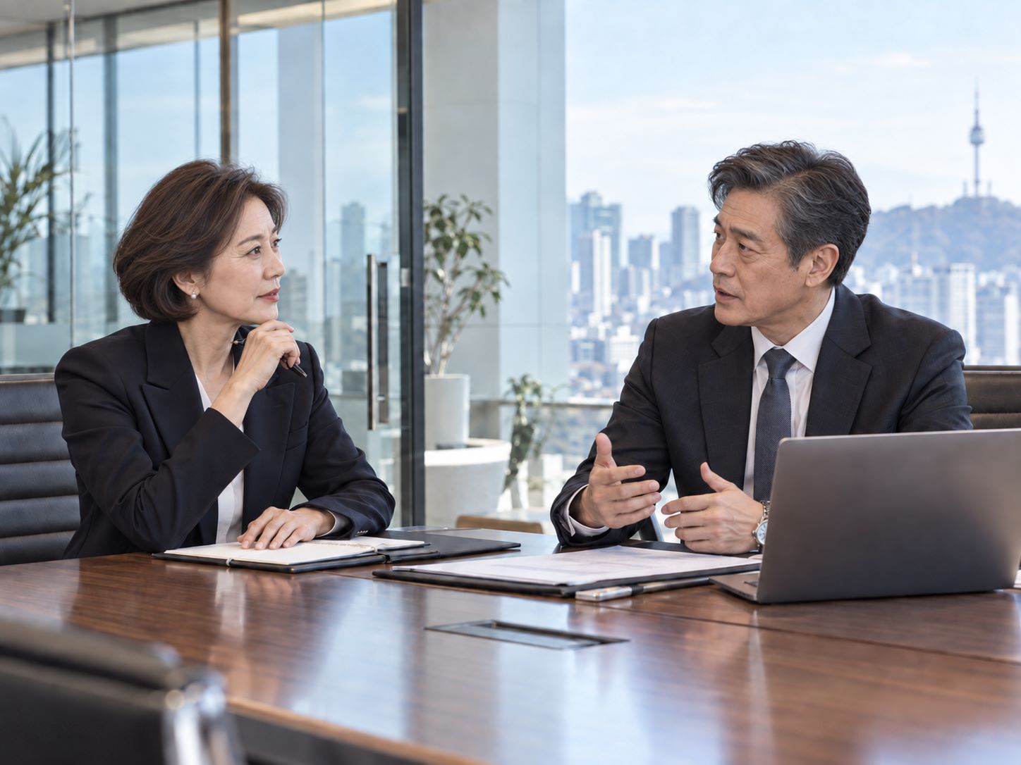 기업의 핵심 리더들이 전략 회의를 진행하는 모습